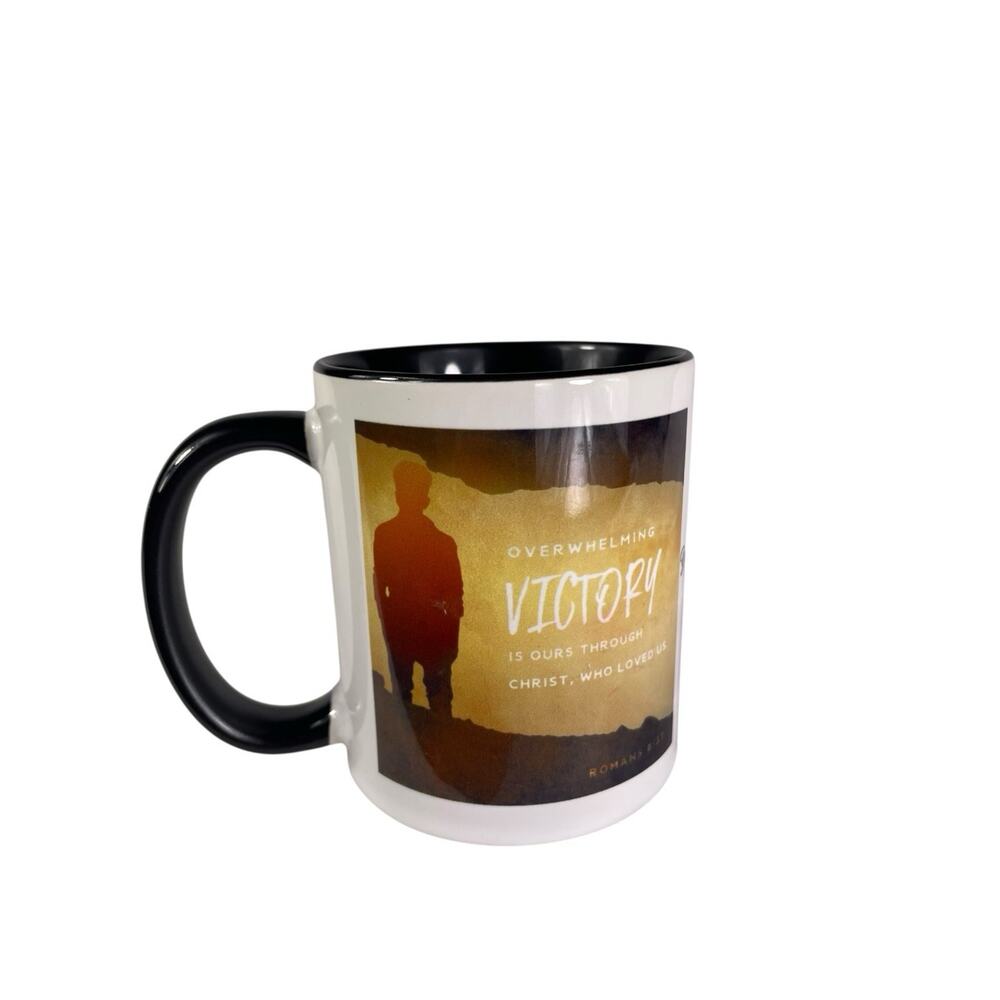Christian Inspirational Coffee‎ Mug – Romans 8:37Bold black and white ceramic